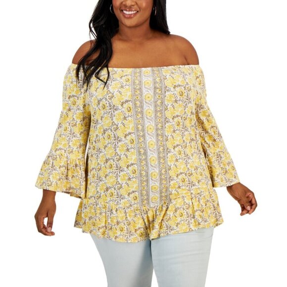 Style & Co. Plus Size 0X Yellow Floral Printed On-Off Top with 3/4 Sleeves NWT - Picture 3 of 6